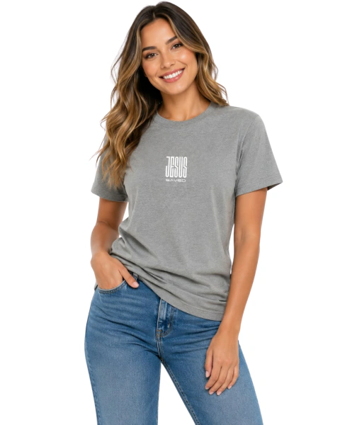Camiseta Feminina 100% Algodão - Cinza - JESUS Saved