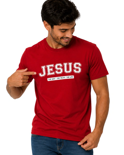 Camiseta Masculina 100% Algodão - Vermelha - Jesus - The Way, The truth, The life