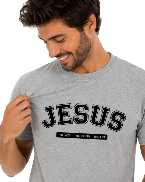 Camiseta Masculina 100% Algodão - Cinza - Jesus - The Way, The truth, The life