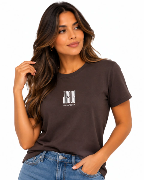 Camiseta Feminina 100% Algodão - Marrom - JESUS Saved