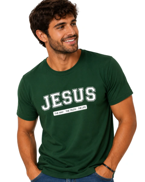Camiseta Masculina 100% Algodão - Verde - Jesus - The Way, The truth, The life