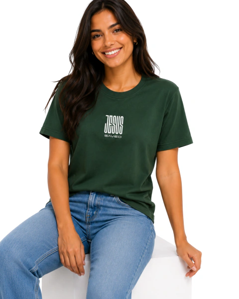 Camiseta Feminina 100% Algodão - Verde - JESUS Saved