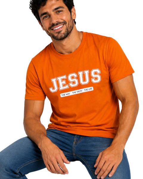 Camiseta Masculina 100% Algodão - Laranja - Jesus - The Way, The truth, The life