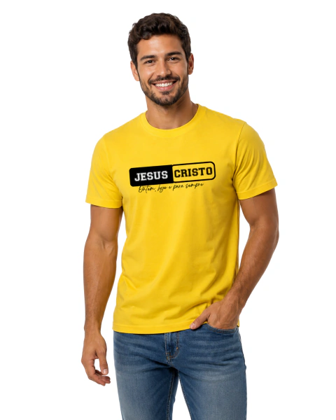 Camiseta Masculina 100% Algodão - Amarelo Canário - Jesus Cristo - Ontem, hoje e para sempre