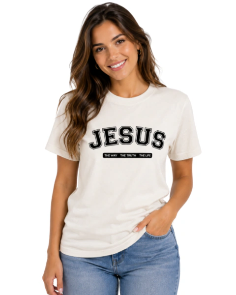 Camiseta Feminina 100% Algodão - Off White - Jesus - The Way, The truth, The life