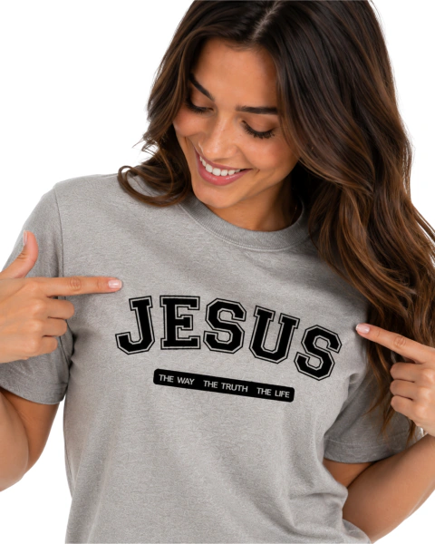 Camiseta Feminina 100% Algodão - Cinza - Jesus - The Way, The truth, The life