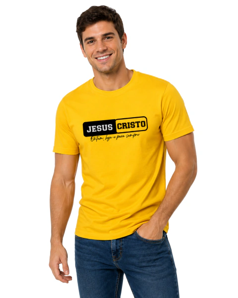 Camiseta Masculina 100% Algodão - Amarelo Ouro - Jesus Cristo - Ontem, hoje e para sempre