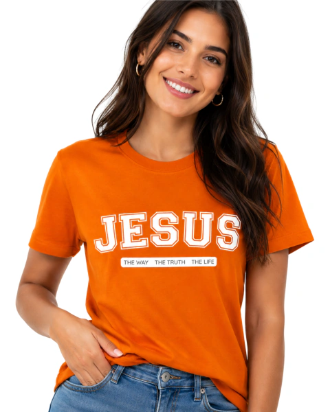 Camiseta Feminina 100% Algodão - Laranja - Jesus - The Way, The truth, The life