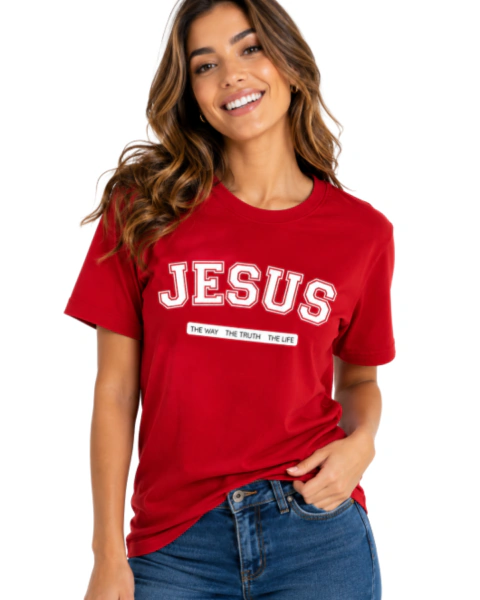 Camiseta Feminina 100% Algodão - Vermelha - Jesus - The Way, The truth, The life