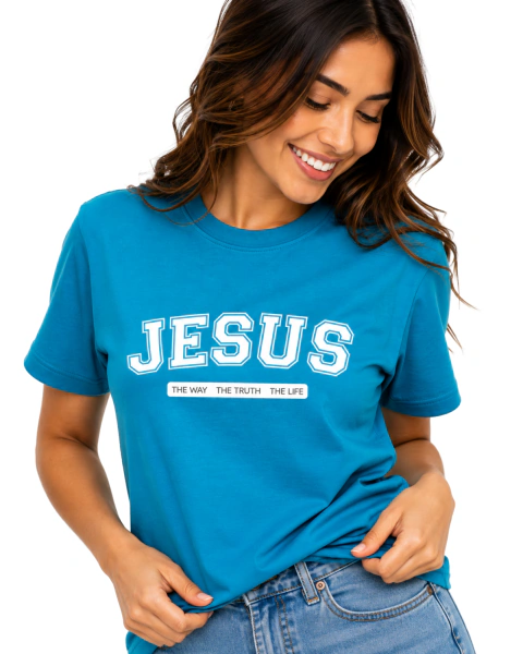 Camiseta Feminina 100% Algodão - Azul Turquesa - Jesus - The Way, The truth, The life
