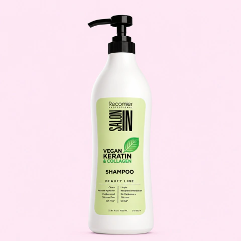 Shampoo Vegan Keratin Collagen Salon In Recamier con keratina y colágeno veganos para hidratar, fortalecer y devolver el brillo al cabello seco y opaco.
