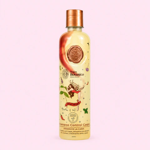 Shampoo Control Caspa Origen Botánico con menta y ají para controlar la caspa, aliviar la picazón y favorecer un cuero cabelludo saludable.