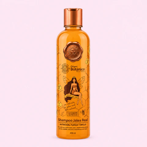 Shampoo Jalea Real Origen Botánico con jalea real, aceite de microalgas, provitamina B5 y 11 aminoácidos para nutrir, fortalecer y dar brillo al cabello.
