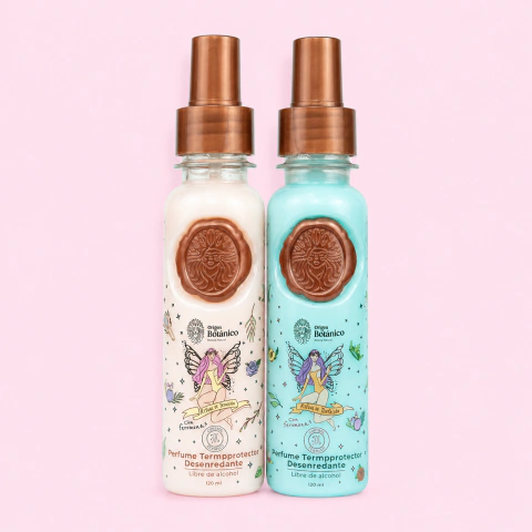 Dúo perfume termoprotector desenredante Origen Botánico con protección térmica, efecto antifrizz y fragancias para el cabello.