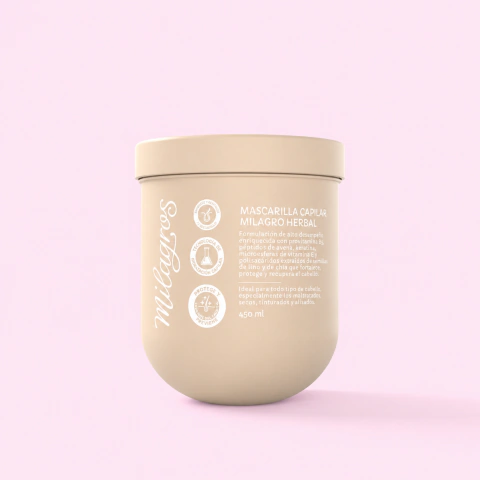 Mascarilla Capilar Milagro Herbal Milagros de 450 ml con queratina, Provitamina B5 y péptidos de avena para reparar profundamente el cabello.