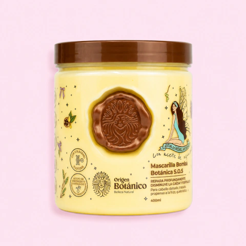 Mascarilla Bomba Botánica S.O.S Origen Botánico con colágeno, biotina y aceites naturales para reparar profundamente el cabello y reducir el frizz.