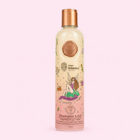 Shampoo S.O.S Origen Botánico con cebolla, argán y jalea real para reparar el cabello, estimular el crecimiento y reducir la caída.
