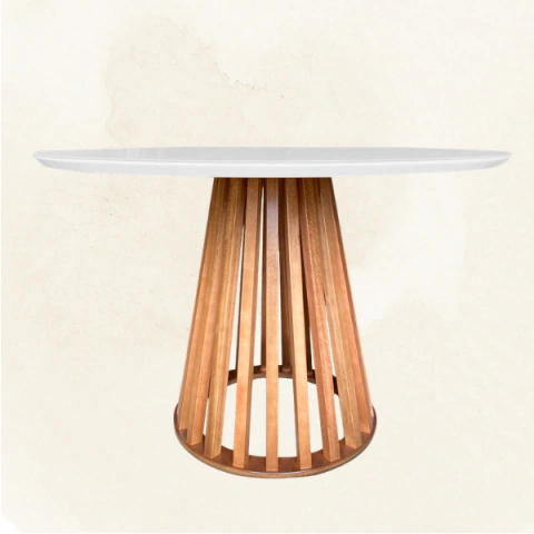Mesa Lume Redonda em Madeira Maciça com Base Cilíndrica Ripada e Tampo Off-White