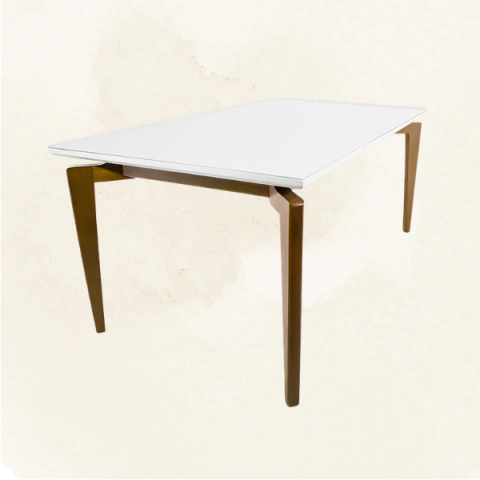 Mesa Unika em Madeira Maciça com Pés em Madeira e Tampo Off-white com Vidro 4MM