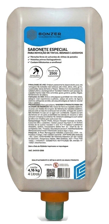 Sabonete Especial Remoção de Tintas, Resinas e Adesivos Bonzer FR Refil 4L