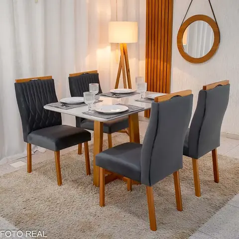 Mesa de Jantar Pedro 120×80 Vidro Off/Base Madeira + 4 Cad. Gênova Veludo Cinza 507 Madeira Art Assento - Entregue Montada