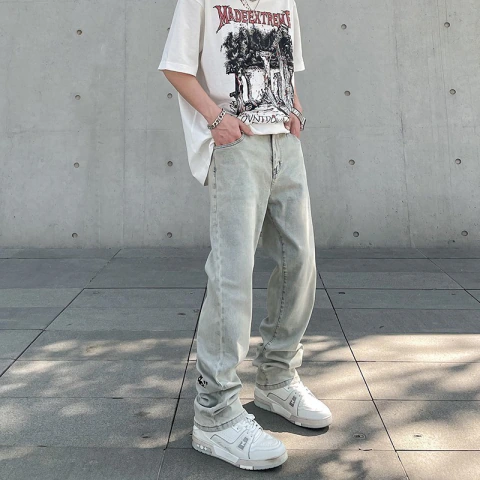 Calça American Vintage Washed Distressed Yellow Mud Dye Letter Print Jeans