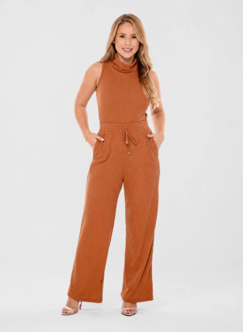 Conjunto Malha Canelada - Blusa Sem Manga e Calça Pantalona