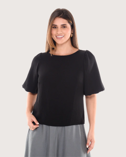 Blusa Feminina Manga Balonê Gola U com Abertura em Gota nas Costas - comprar online