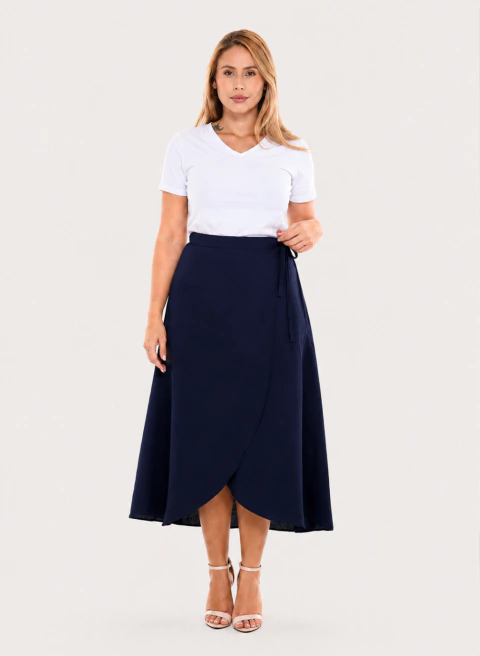 Saia Feminina Envelope Casual Lisa Transpassada Midi Amarração Lateral - loja online