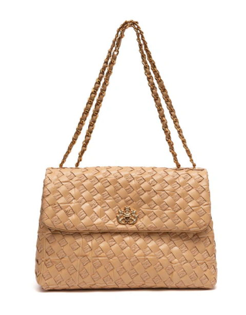 BOLSA FLAP TRESSÊ HELEN MÉDIA COURO E RÁFIA MACADÂMIA