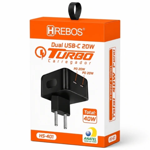 Fonte USB-C + USB C turbo 20w HREBOS HS-401 · preto
