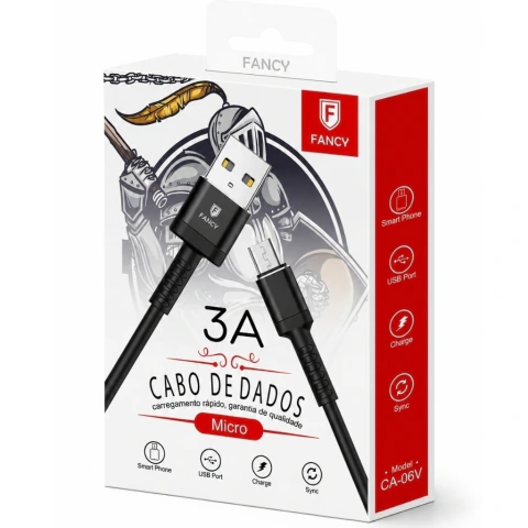 Cabo TURBO 1M USB/V8 3.A Revestido em TPE Fancy CA06v · Preto