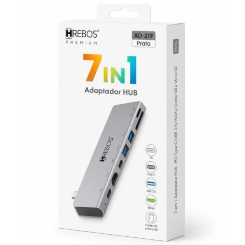 Adaptador HUB 7 em 1 USB-C x HDMI 4K/USB/USB-C/Mcard AD-219 Hrebos · Titanium