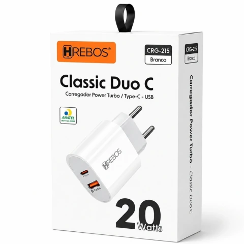Fonte USB-C + USB turbo 20w HREBOS CRG-215 · Branco