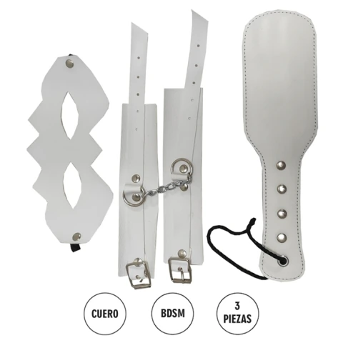 Kit de cuero Esposas + Antifaz + Fusta blanco