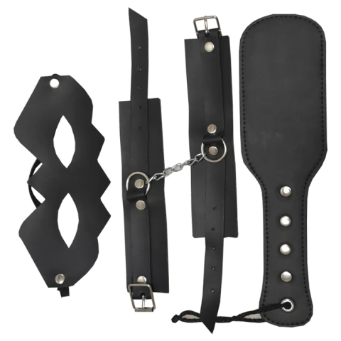 Kit BDSM 3 Piezas Negro | Antifaz, Esposas y Paddle - Only Human
