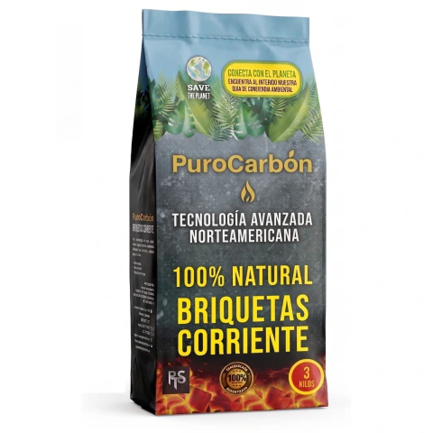 Bolsa de 3 kg de carbón corriente en briquetas PuroCarbón con tecnología avanzada norteamericana y 100% natural