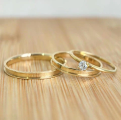 Alianças Margareth + Anel solitário Creta Casamento E Noivado Moeda