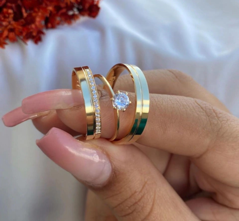 Alianças Florença + Anel Solitário Creta Casamento E Noivado Moeda