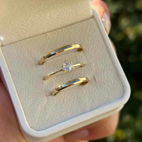 Alianças Alabama + Anel solitário Pará Casamento e Noivado em Ouro 10K