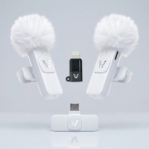 Micrófono Corbatero Inalámbrico USB-C con Adaptador Lightning para iPhone y Android Color Blanco