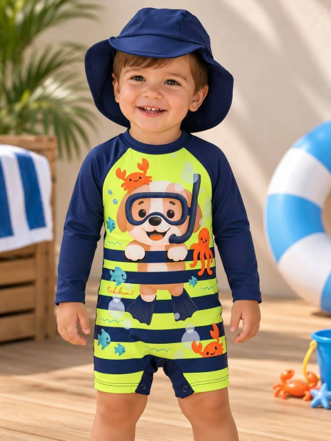 Conjunto Macaquinho Praia Infantil Menino Cachorrinho Mergulhador com Chapéu Kamylus