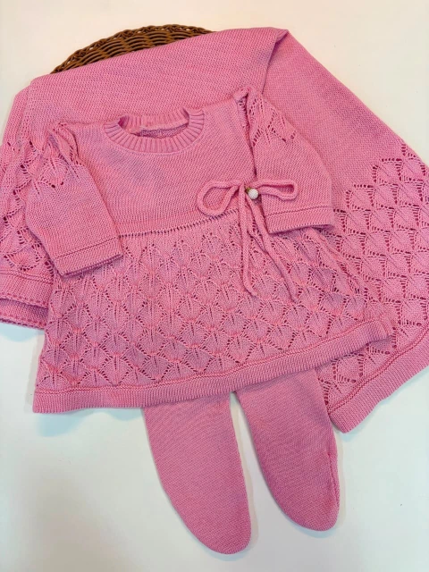 Saída Maternidade Conjunto de Tricot com Manta Rosa