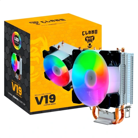Cooler Air Processador Universal, Clanm V19, 95W, PWM, 2100 RPM, LED RGB, 90mm, Preto