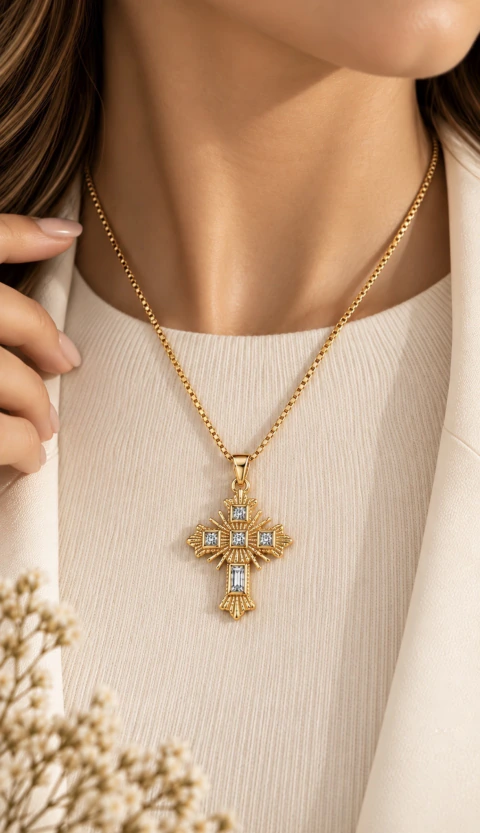 Colar Cruz Cristais Dourado Banhado a Ouro 18K