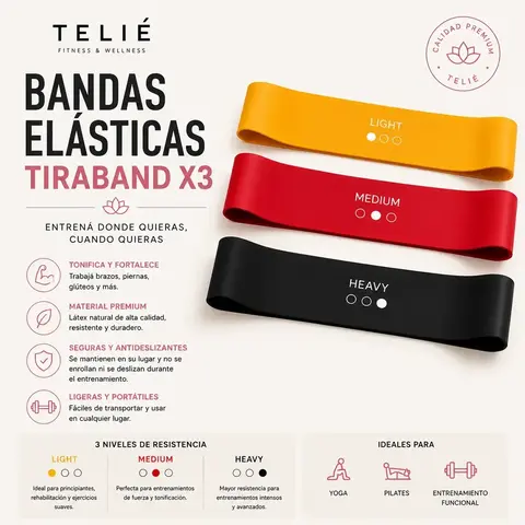 Bandas Elasticas Set X3 Pilates Yoga Fitness Latex Premium Negro
