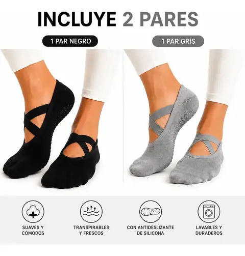 Medias Pack X2 Antideslizantes Con Sujetador Yoga Y Pilates Negro Liso Único