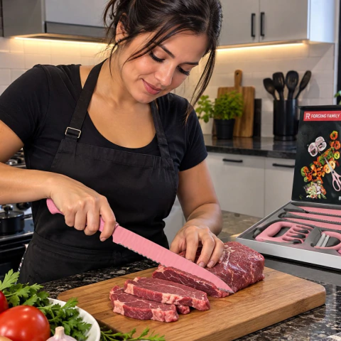 Set Juego De Cuchillos De Cocina 8 Piezas Rosa Forging Acero