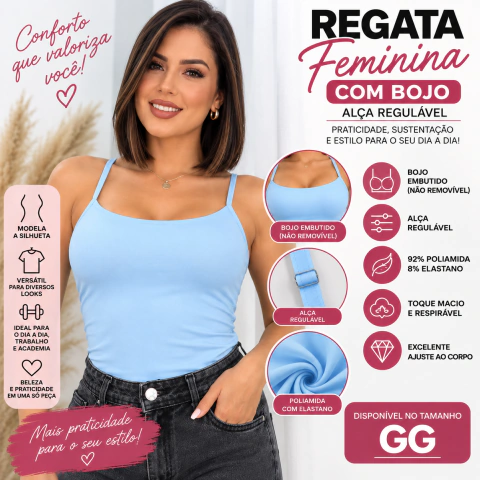 Regata Feminina com Bojo e Alça Regulável – Poliamida e Elastano | GG
