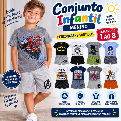 CONJUNTO INFANTIL MASCULINO DE VERÃO – PERSONAGENS SORTIDOS